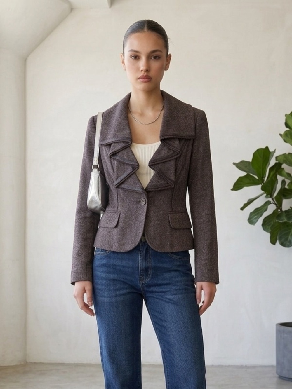 Vintage Y2K bebe Heathered Brown Linen Wool Ruffle Lapel Blazer - XS